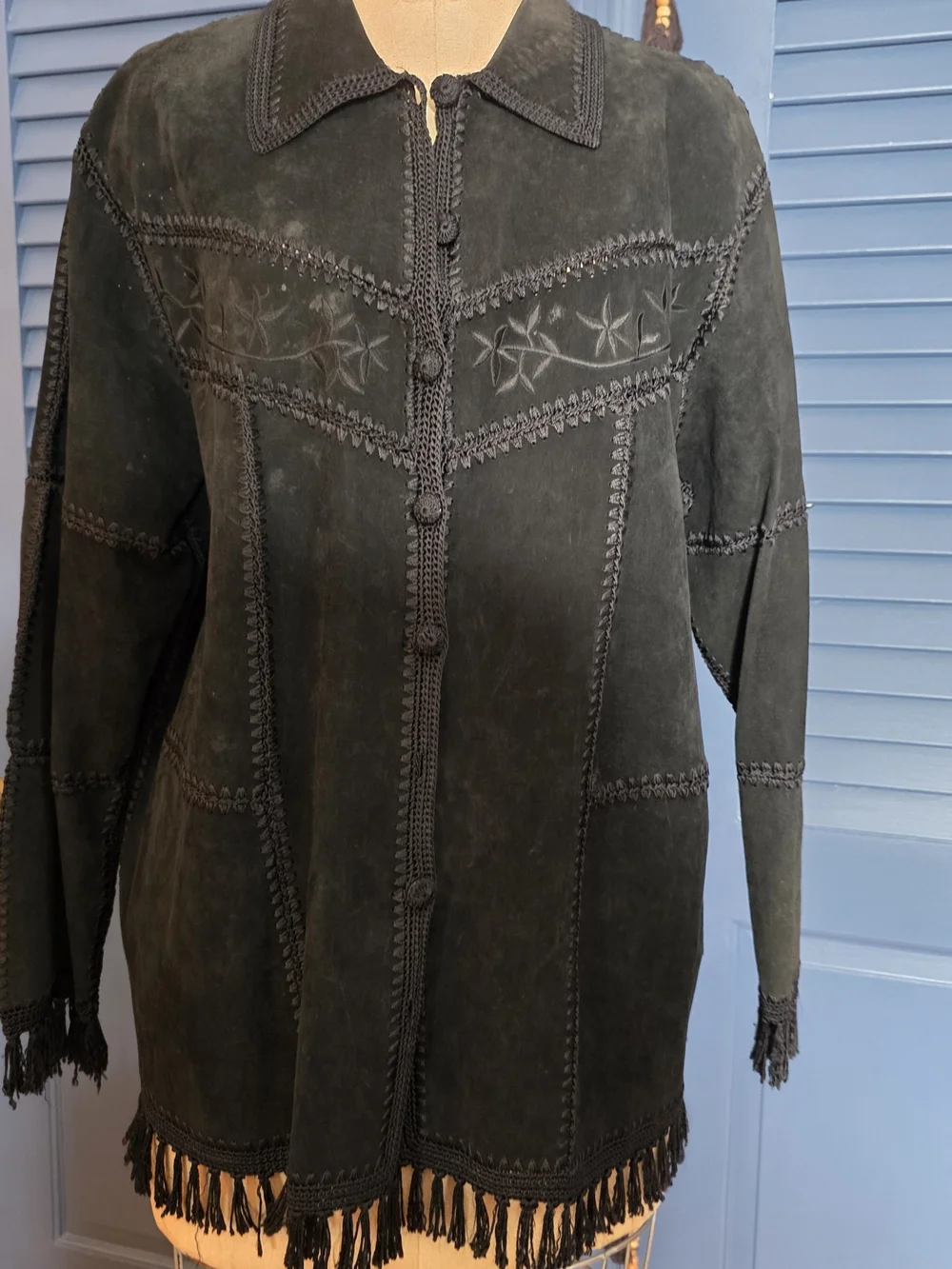 VTG Dressbarn Black Suede Leather Patchwork Western Fringe Jacket Boho 16W